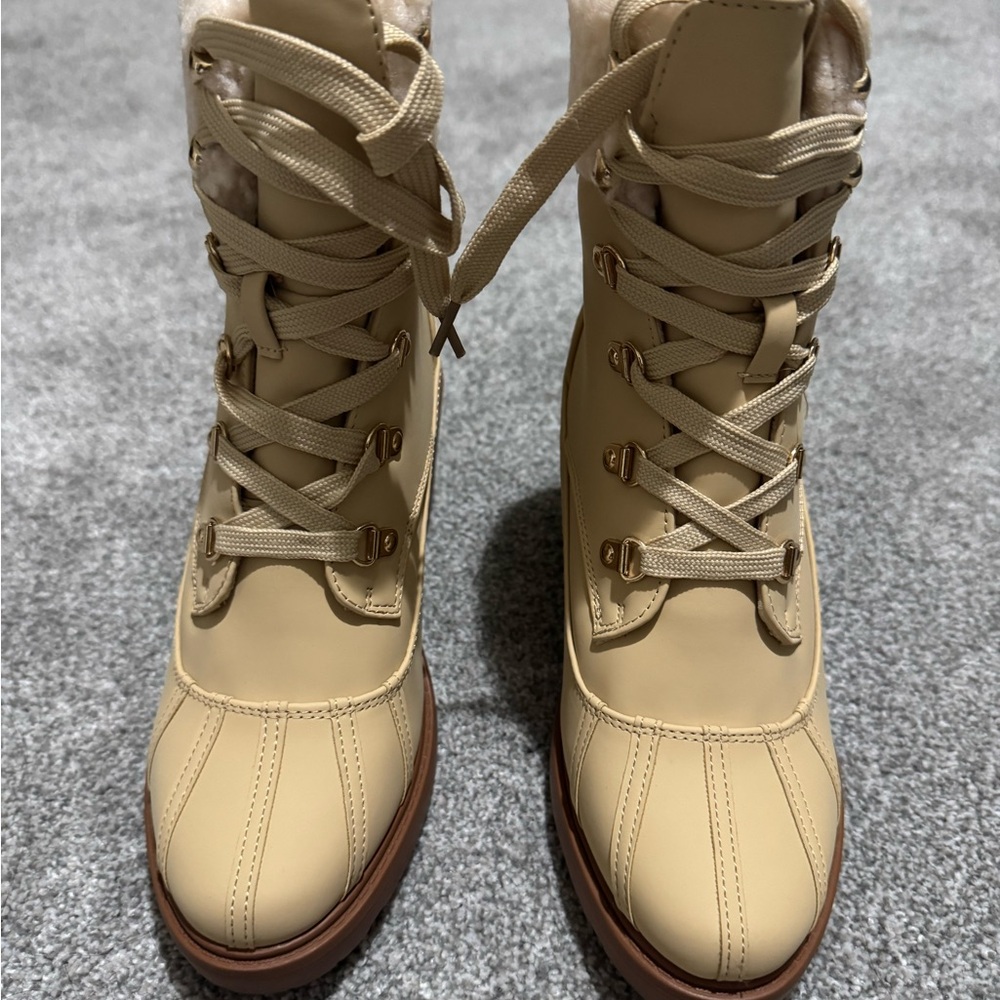 Cream and Brown Lace Up Boots with Rugged Design